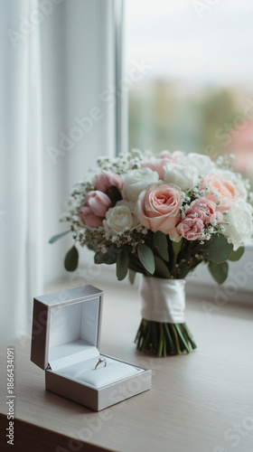 Engagement ring displayed next to a beautiful bouquet, symbolizing love and romance. Perfect for wedding planning, proposals, and Valentine's Day celebrations.
