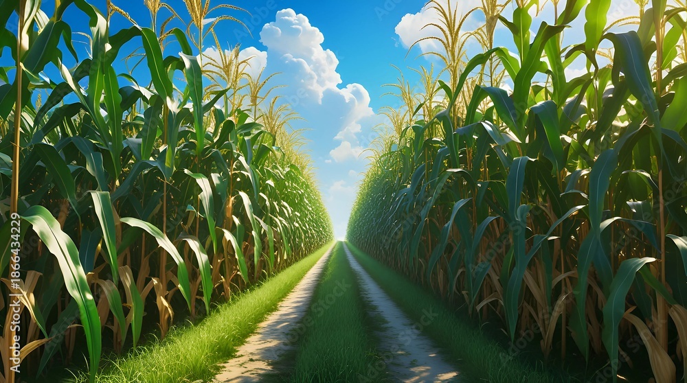 Obraz premium Sunlit Dirt Path Through Tall Green Corn Field Under Blue Sky