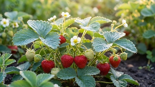 Close up of a vibrant strawberry patch with ripe and unripe fruit