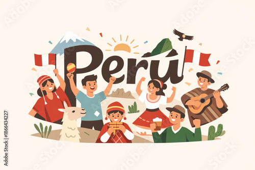 Flat minimal illustration of people celebrating in Peru