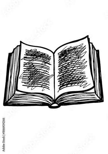 Hand drawn black ink sketch of an open hardcover book featuring rough scribbled lines simulating text on fanned pages, isolated on white for educational and literary themes