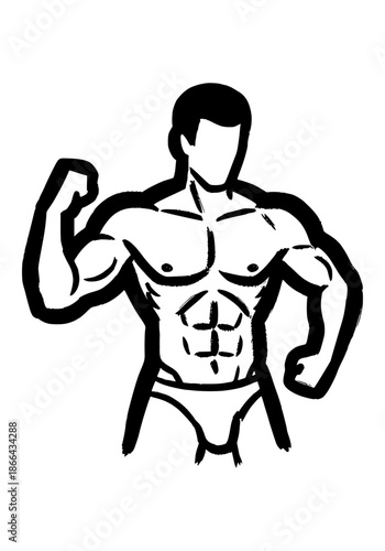 Strong muscular bodybuilder flexing bicep in black ink brush stroke style featuring defined abdominal six pack and pectoral muscles with minimalist faceless head
