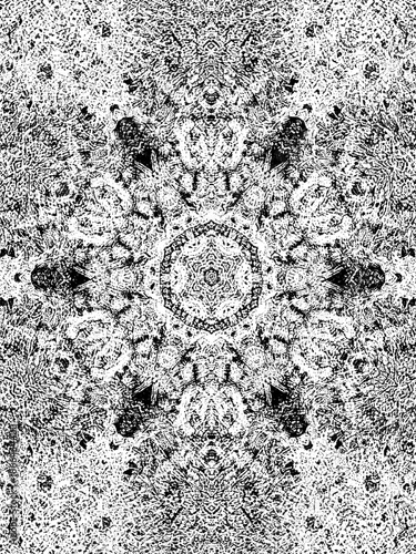Heavy black and white grunge texture overlay with intense grain and symmetrical mandala noise pattern for distressed vintage effects and rough surface simulation
