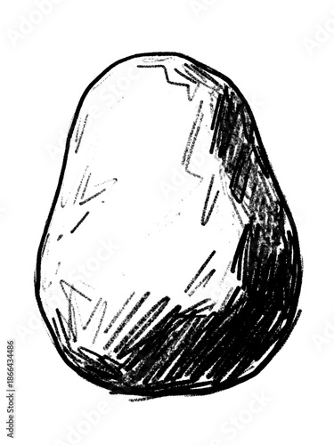 Rough black ink sketch of a solitary stone featuring heavy cross hatching shadows and organic irregular shape isolated on white for nature compositions