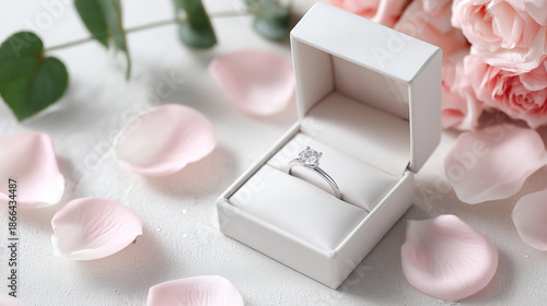 Elegant engagement ring in a white box with pink rose petals, perfect for romantic proposals and weddings, symbolizing love and commitment.