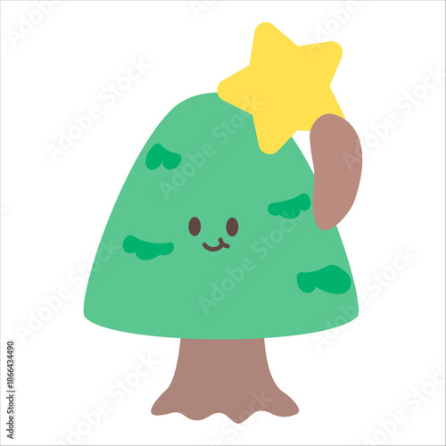 Adorable Hand-Drawn Smiling Christmas Tree Character Topped with a Yellow Star Vector Illustration