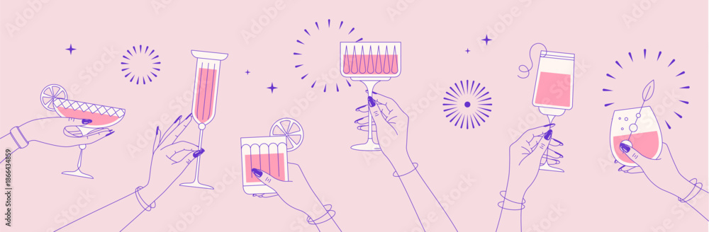 Fototapeta premium Line art hands with cocktails and firework. Cocktail party. Celebration toast with cocktail glasses. Flat design. Vector illustration