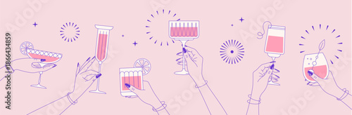 Line art hands with cocktails and firework. Cocktail party. Celebration toast with cocktail glasses. Flat design. Vector illustration