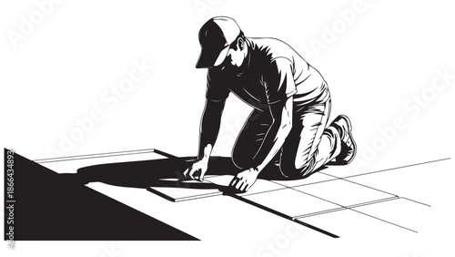 Construction worker measuring roof in black and white Vector, illustration
