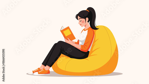 Cozy reading girl on yellow bean bag Vector, illustration