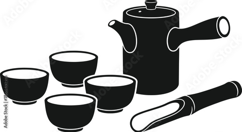 Chinese tea set with teapot and cups flat vector illustration