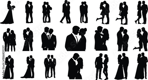 Romantic wedding couple silhouettes collection showing love, kissing and embracing pairs isolated on white background for design use