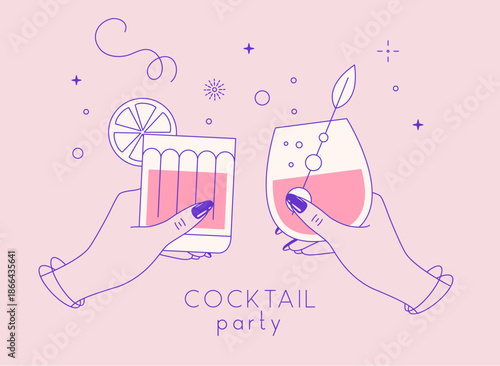 Line art hands with cocktails and firework. Cocktail party. Celebration toast with two cocktail glasses. Vector illustration