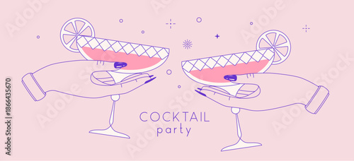Line art hands with cocktails and firework. Cocktail party. Celebration toast with two cocktail glasses. Vector illustration