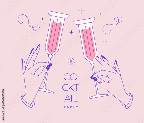 Line art hands with cocktails and firework. Cocktail party. Celebration toast with two cocktail glasses. Vector illustration