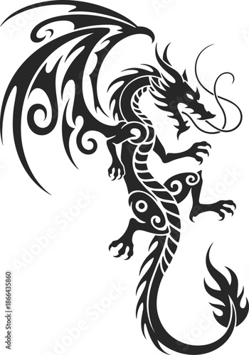 Tribal Phoenix Silhouette Illustration, Mythical Fire Bird Vector Art with Ornate Swirls, Majestic Rebirth Graphic for Tattoo and Apparel Design