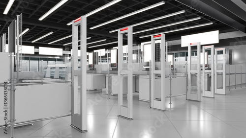 Close-up of anti-theft gates and self-service checkouts in a store interior. 3d illustration