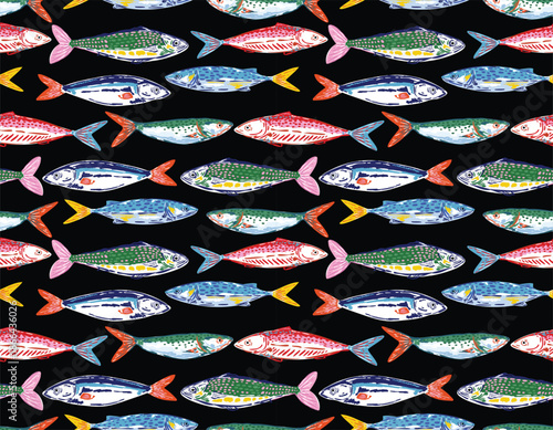 Colorful Seamless pattern. Hand drawn Seafood Mediterranean Sardines , Doodles mackerel, anchovy and seashells Vector Illustration