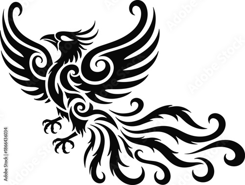 Tribal Phoenix Silhouette Illustration, Mythical Fire Bird Vector Art with Ornate Swirls, Majestic Rebirth Graphic for Tattoo and Apparel Design