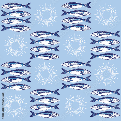 Colorful Seamless pattern. Hand drawn Seafood Mediterranean Sardines , Doodles mackerel, anchovy and seashells Vector Illustration