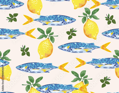 Colorful Seamless pattern. Hand drawn Seafood Mediterranean Sardines , Doodles mackerel, anchovy and seashells Vector Illustration