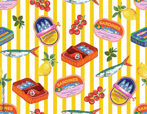 Trendy Sardines in cans. eamless pattern, Hand Drawn Mediterranean food Canned sea fish, snack in tin packages.