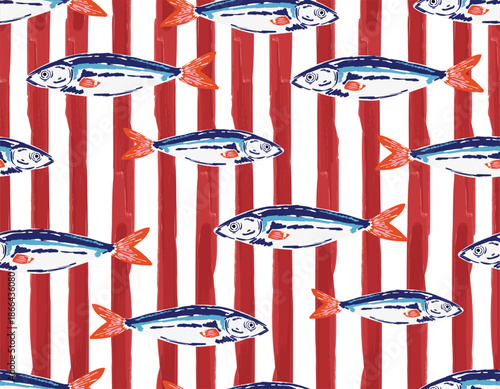 Trendy Seamless pattern. Hand drawn Seafood Mediterranean Sardines on Red Striped , Doodles mackerel, anchovy and seashells Vector Illustration
