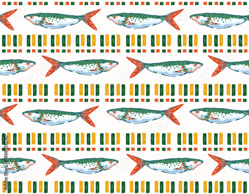 Trendy Seamless pattern. Hand drawn Seafood Mediterranean Sardines  , Doodles mackerel,
