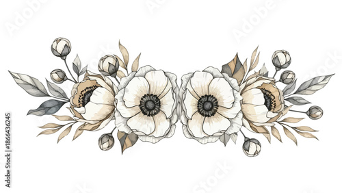 Elegant Watercolor White and Beige Anemone Flower Arrangement Illustration