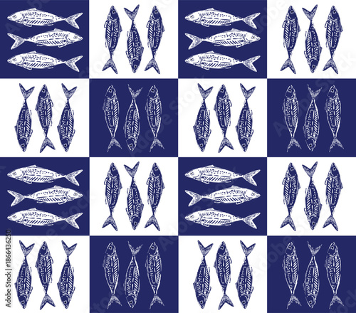 Trendy Seamless pattern. Hand drawn Seafood Mediterranean Sardines  , Doodles mackerel,
