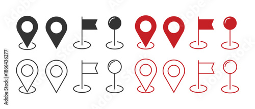 Set of black and red map pin, destination flag, and location marker icons