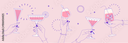 Line art hands with cocktails and firework. Cocktail party. Celebration toast with cocktail glasses. Flat design. Vector illustration