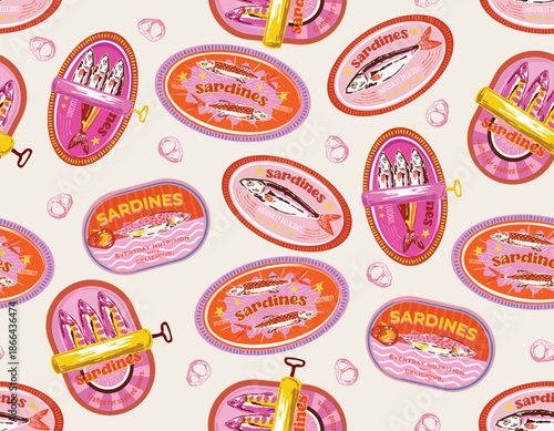 Trendy Sardines in cans. eamless pattern, Hand Drawn Mediterranean food Canned sea fish, snack in tin packages.