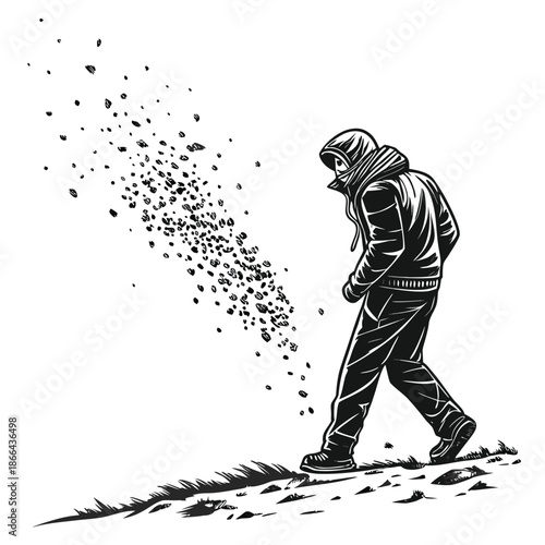 Hooded Man Walking in Wind Engraving Illustration in Black and White