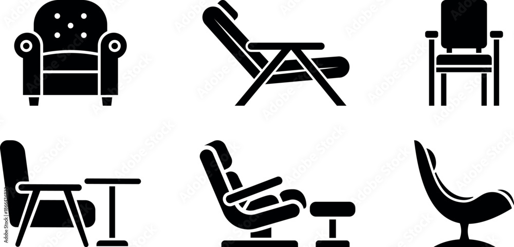 Fototapeta premium Collection of Black Chair and Seating Furniture Vector Icons Isolated on White Background