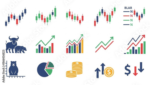 Financial market analysis and trading icons for business and investment