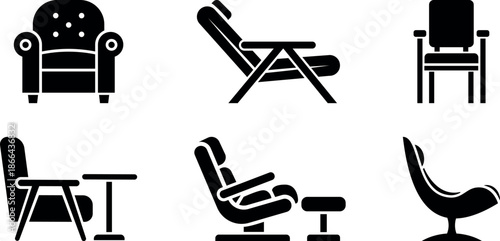 Armchairs and lounge seating icons set – recliner, waiting chair, modern pod chair with ottoman – black vector