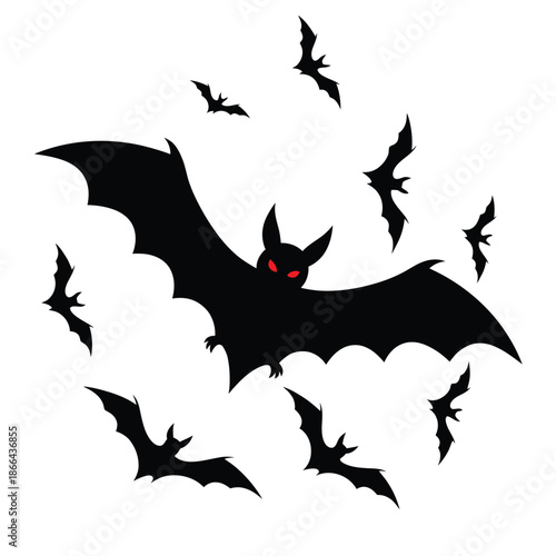A spooky silhouette of bats flying against a plain white background
