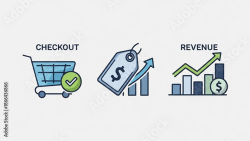 E-commerce success icons with checkout, price tag, and revenue growth charts