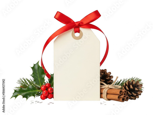 Christmas gift tag with ribbon and holly berries isolated on transparent background
