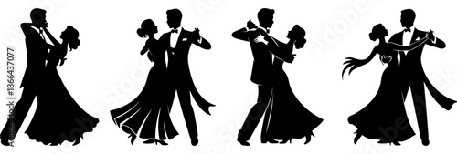 Romantic Ballroom Dancing Couple Silhouettes, Elegant Man and Woman in Formal Evening Wear Performing Tango or Waltz, Wedding Dance and Professional Performance Vector Illustration Set