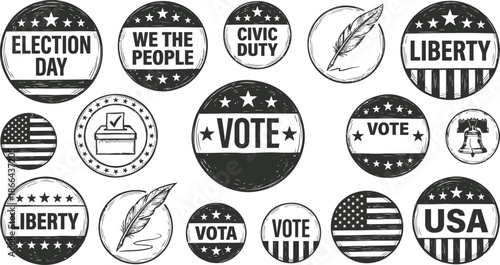 Political campaign badges for American election events on blue background