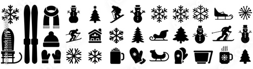 Winter Holiday Icon Collection with Snowflakes, Christmas Trees, Skiing, and Snowman Silhouettes, Minimalist Black Xmas Elements for Seasonal Greeting Cards, Winter Sports and New Year