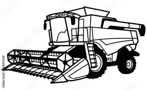 Agricultural Combine Harvester Machine Black and White Vector Illustration of Modern Farming Equipment With Outline Hand Drawing