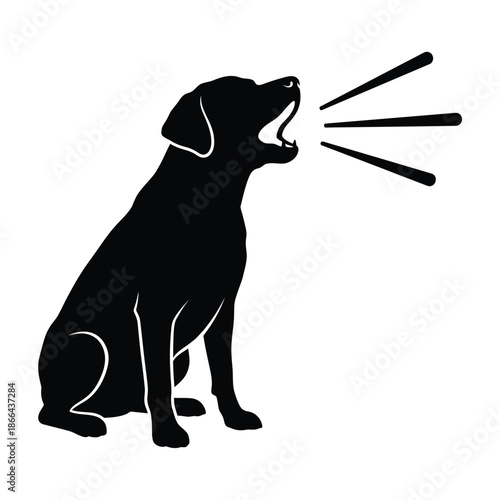 A black silhouette of a dog barking with sound waves emanating out