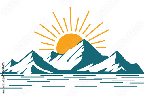 Orange sun rising over teal mountains and blue water