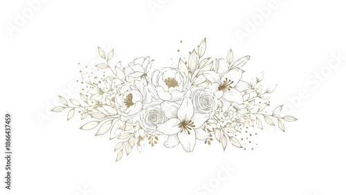 Elegant Gold Line Art Floral Bouquet Illustration on White Background
