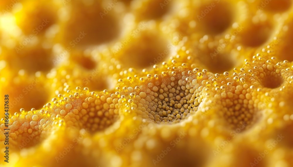 Fototapeta premium Ultra-Realistic Extreme Macro of Pollen Grain with Intricate Surface Patterns and Golden Hue