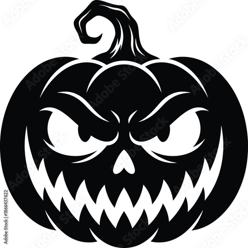 A spooky black and white jack o lantern face with a menacing grin