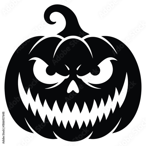 A spooky black and white illustration of a jack o lantern with a fierce expression
